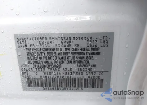 2024 Nissan Sentra S Xtronic Cvt from USA, damaged, VIN 3N1AB8BV0RY310208